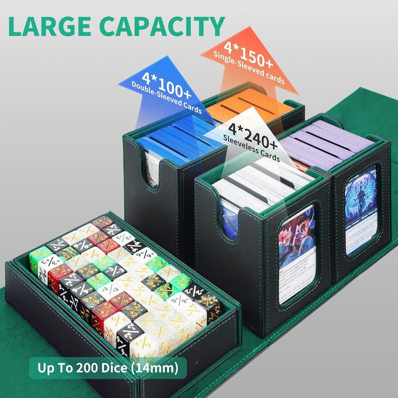 AFIING Commander Deck Box for MTG, Holds 400+ Double-Sleeved Cards, 4 Removable Deck Cases with Display Window, Dice Tray/Handle,Trading Card Storage Organizer/Dividers for TCG (Black Green) - Image 3